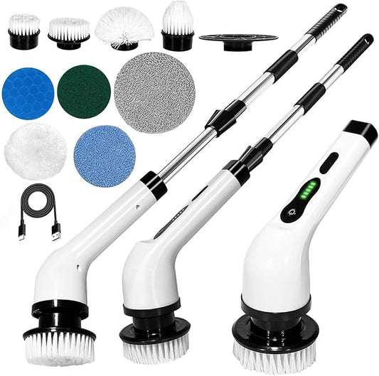9 in 1 Electric Spin Scrubber,Cleaning Brush Scrubber for Home, 400RPM/Mins-9 Replaceable Brush Heads-90Mins Work Time,Adjustable Size,2 Adjustable Speeds for Bathroom Shower