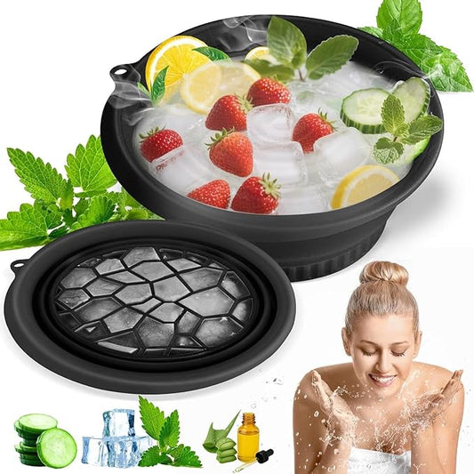 Silicone Collapsible Face Bowl with Built-in Ice Tray, Black, Round, Dishwasher Safe, Modern Style, for Face Bath and Soaking, BPA-Free