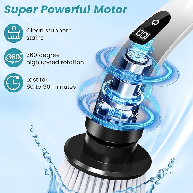 9 in 1 Electric Spin Scrubber,Cleaning Brush Scrubber for Home, 400RPM/Mins-9 Replaceable Brush Heads-90Mins Work Time,Adjustable Size,2 Adjustable Speeds for Bathroom Shower
