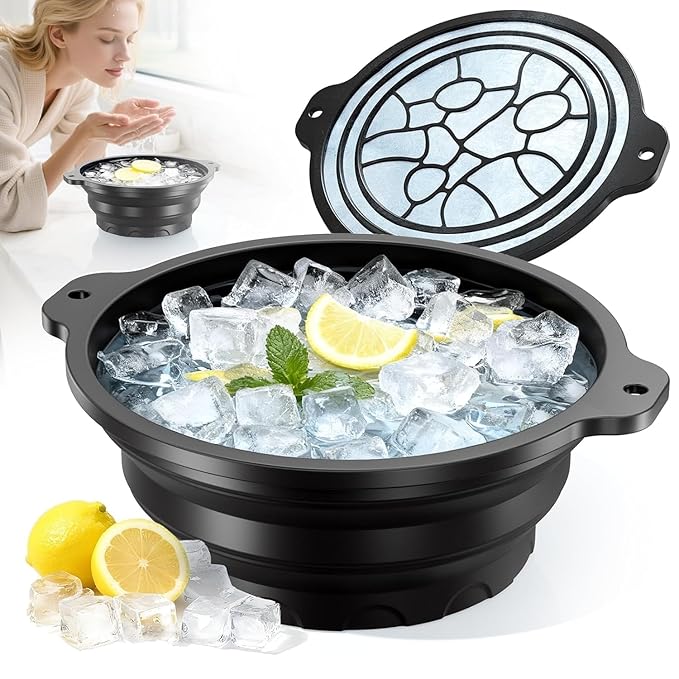 Silicone Collapsible Face Bowl with Built-in Ice Tray, Black, Round, Dishwasher Safe, Modern Style, for Face Bath and Soaking, BPA-Free