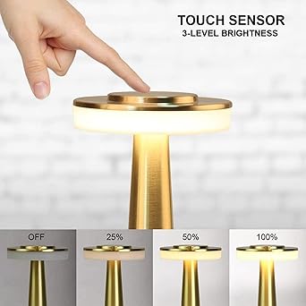 Metal LED Table Lamp with Touch Sensor Rechargeable Desk Lamp,3-Levels Brightness with Cozy Warm Lighting, Night Light for Kids Nursery, Nightstand Lamp, Bedside Lamp (Gold)