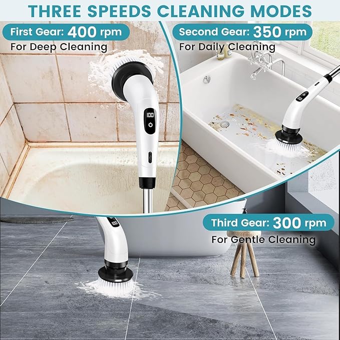 9 in 1 Electric Spin Scrubber,Cleaning Brush Scrubber for Home, 400RPM/Mins-9 Replaceable Brush Heads-90Mins Work Time,Adjustable Size,2 Adjustable Speeds for Bathroom Shower