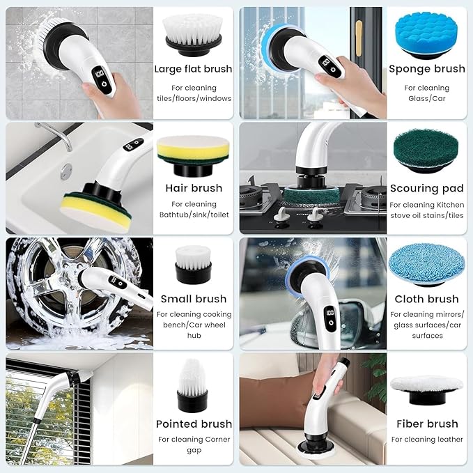 9 in 1 Electric Spin Scrubber,Cleaning Brush Scrubber for Home, 400RPM/Mins-9 Replaceable Brush Heads-90Mins Work Time,Adjustable Size,2 Adjustable Speeds for Bathroom Shower