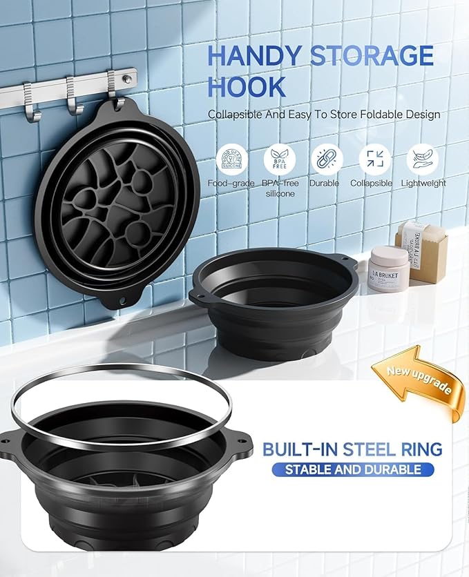 Silicone Collapsible Face Bowl with Built-in Ice Tray, Black, Round, Dishwasher Safe, Modern Style, for Face Bath and Soaking, BPA-Free