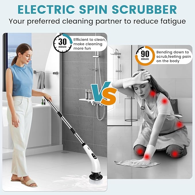 9 in 1 Electric Spin Scrubber,Cleaning Brush Scrubber for Home, 400RPM/Mins-9 Replaceable Brush Heads-90Mins Work Time,Adjustable Size,2 Adjustable Speeds for Bathroom Shower
