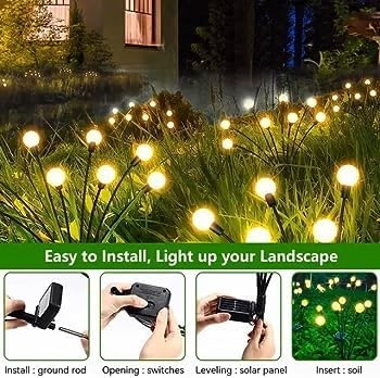 Firefly Solar Lights Starburst Swaying Solar Garden Light, Warm Garden Light | Outdoor Decoration | Waterproof | Path Lights for Pots, Balcon, Pathway (Warm Yellow)