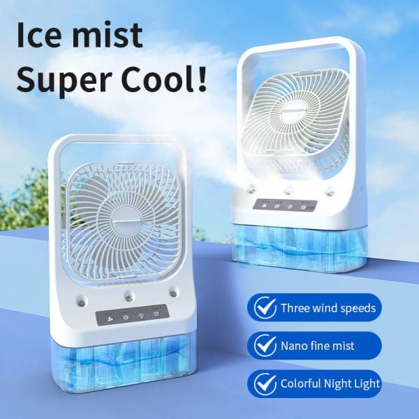 3-in-1 Air Conditioner Fan Cooler, Portable Mini Air Cooler with Ice Mist, USB Desk Fan, 3 Wind Speeds, 3 Spray Modes, 7 Color LED Light, 1/2/3H Timer for Home, Office, Bedroom & Travel