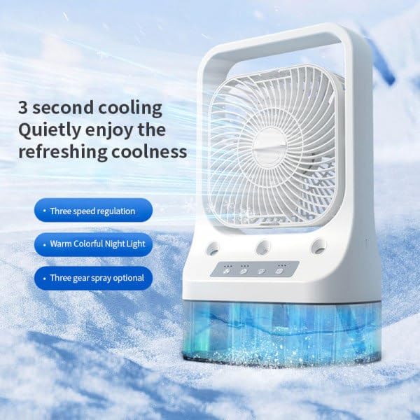 3-in-1 Air Conditioner Fan Cooler, Portable Mini Air Cooler with Ice Mist, USB Desk Fan, 3 Wind Speeds, 3 Spray Modes, 7 Color LED Light, 1/2/3H Timer for Home, Office, Bedroom & Travel