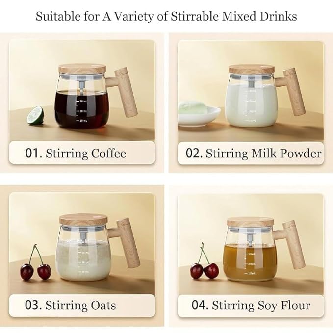 Self Stirring Coffee Mug with Lid Battery Operated-Electric Coffee Maker Mug for Office, Automatic Stirrer and Frother, Glass Electric Mixing Cup,Coffee Blender Mug