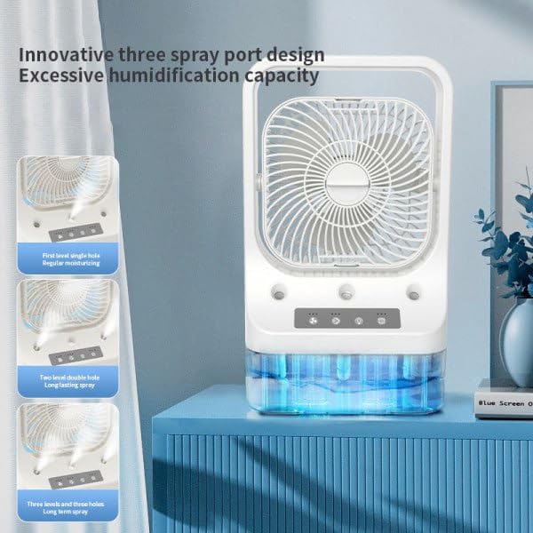 3-in-1 Air Conditioner Fan Cooler, Portable Mini Air Cooler with Ice Mist, USB Desk Fan, 3 Wind Speeds, 3 Spray Modes, 7 Color LED Light, 1/2/3H Timer for Home, Office, Bedroom & Travel