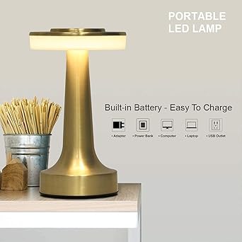 Metal LED Table Lamp with Touch Sensor Rechargeable Desk Lamp,3-Levels Brightness with Cozy Warm Lighting, Night Light for Kids Nursery, Nightstand Lamp, Bedside Lamp (Gold)