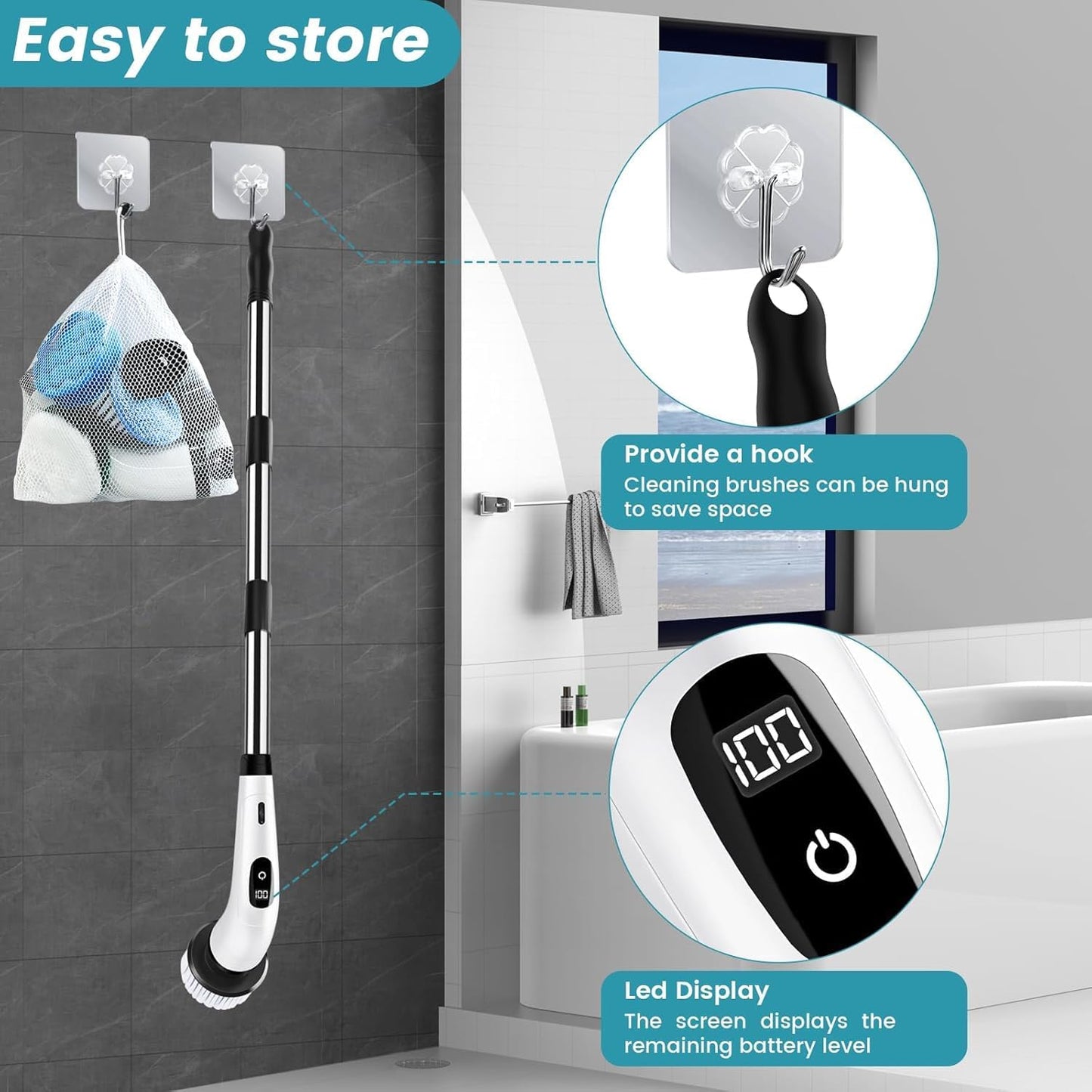 9 in 1 Electric Spin Scrubber,Cleaning Brush Scrubber for Home, 400RPM/Mins-9 Replaceable Brush Heads-90Mins Work Time,Adjustable Size,2 Adjustable Speeds for Bathroom Shower