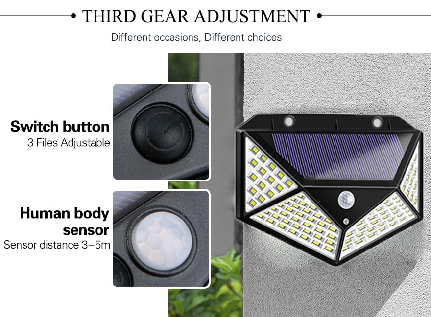 Solar Rechargable Light Outdoor 100 LEDs Solar Motion Sensor Light with Solar Panel and 3 Modes with IP65 Protection, Waterproof and Dustproof with Wide Angle Lighting