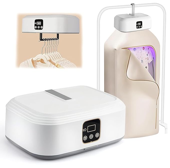 Mini Tumble Dryer, Heat Pump Clothes Dryer with 1-8H Timing, Remote Control & UV Sterilisation, Electric Heat Pump Dryer for Business Trips, Student Dormitories, Apartments, Hotels, Camping