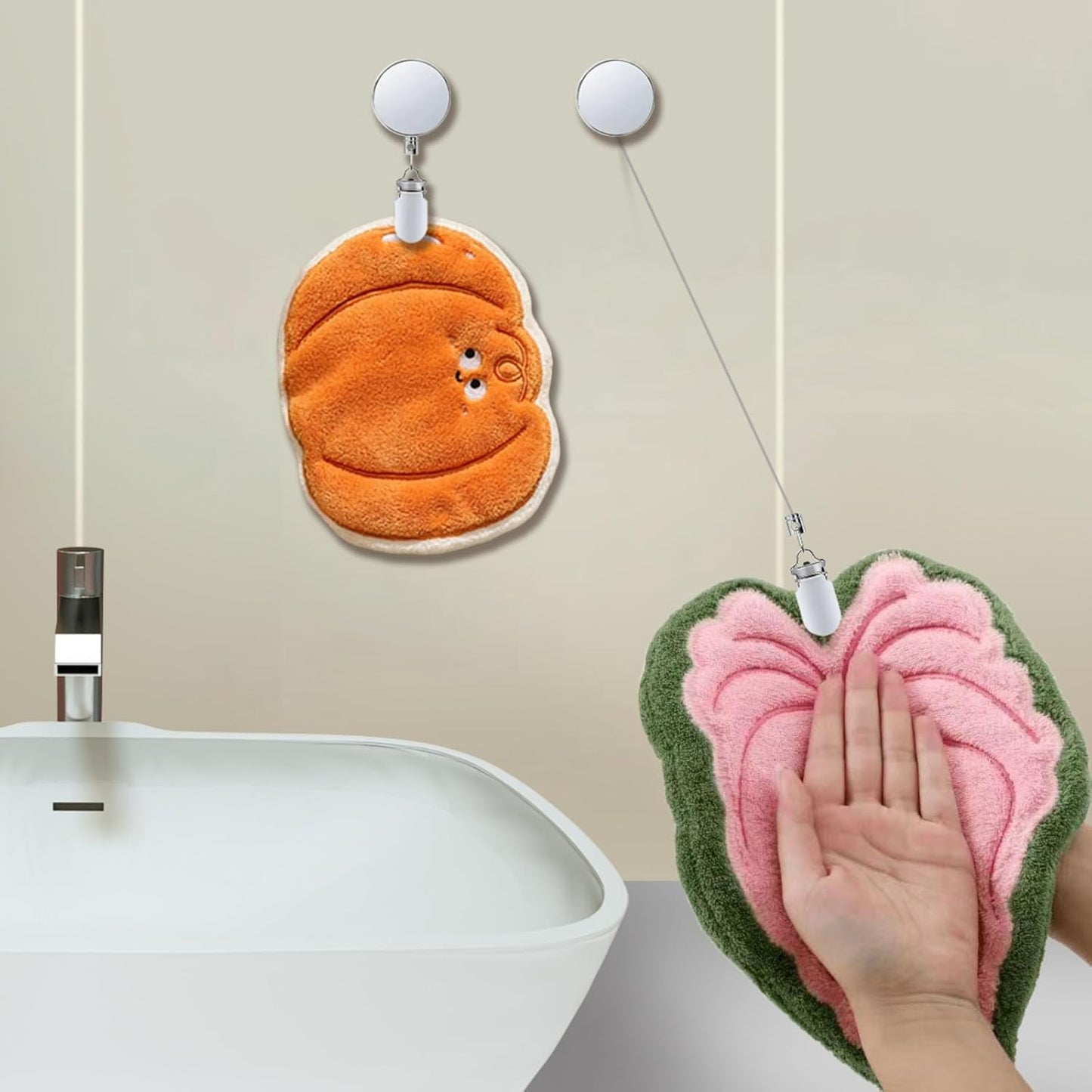 Retractable Dish Towel Holder Clips, No Drill Self Retracting Rag Hooks, Effortless Towel Hangers for Home Bathroom Kitchen Cabinet and Shower