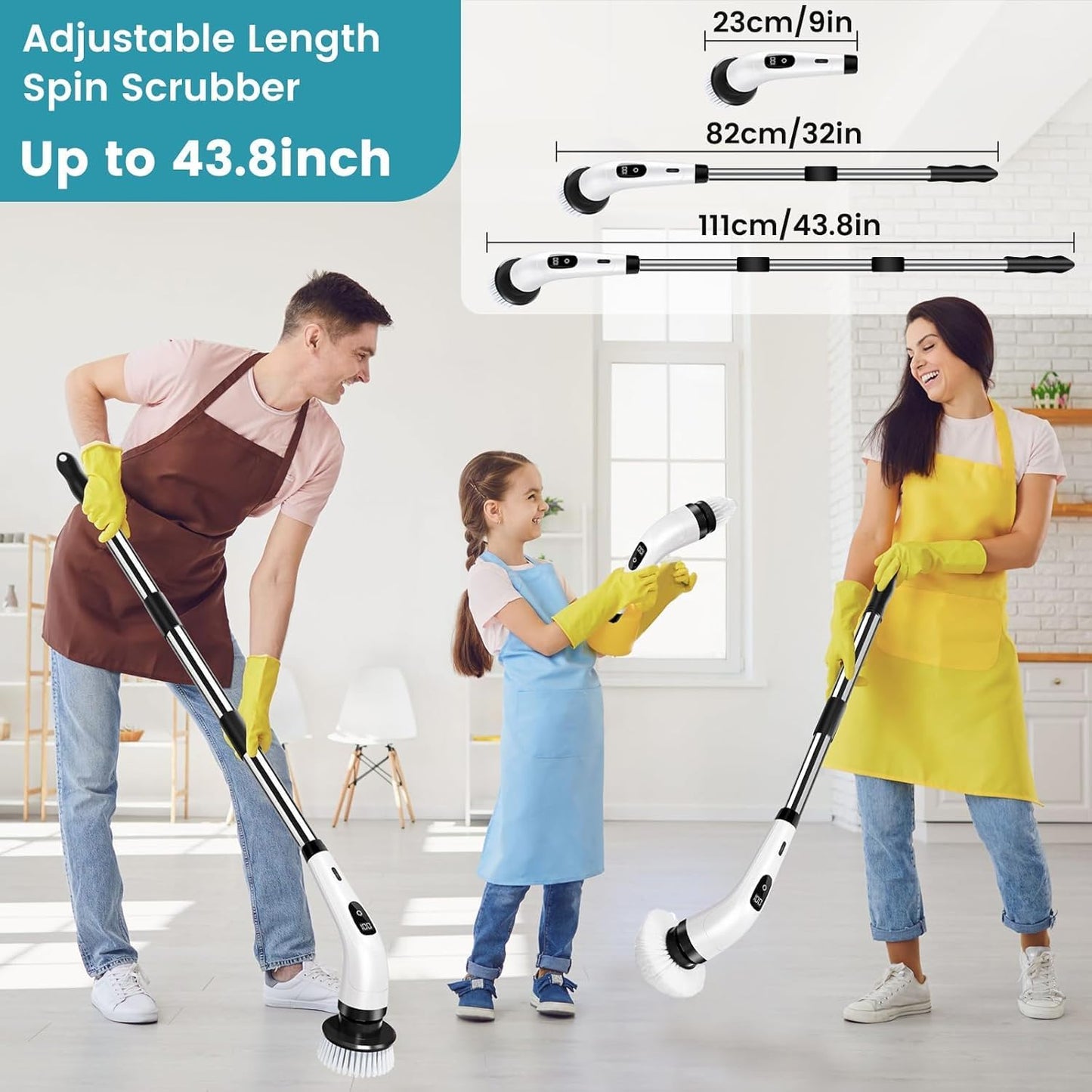 9 in 1 Electric Spin Scrubber,Cleaning Brush Scrubber for Home, 400RPM/Mins-9 Replaceable Brush Heads-90Mins Work Time,Adjustable Size,2 Adjustable Speeds for Bathroom Shower
