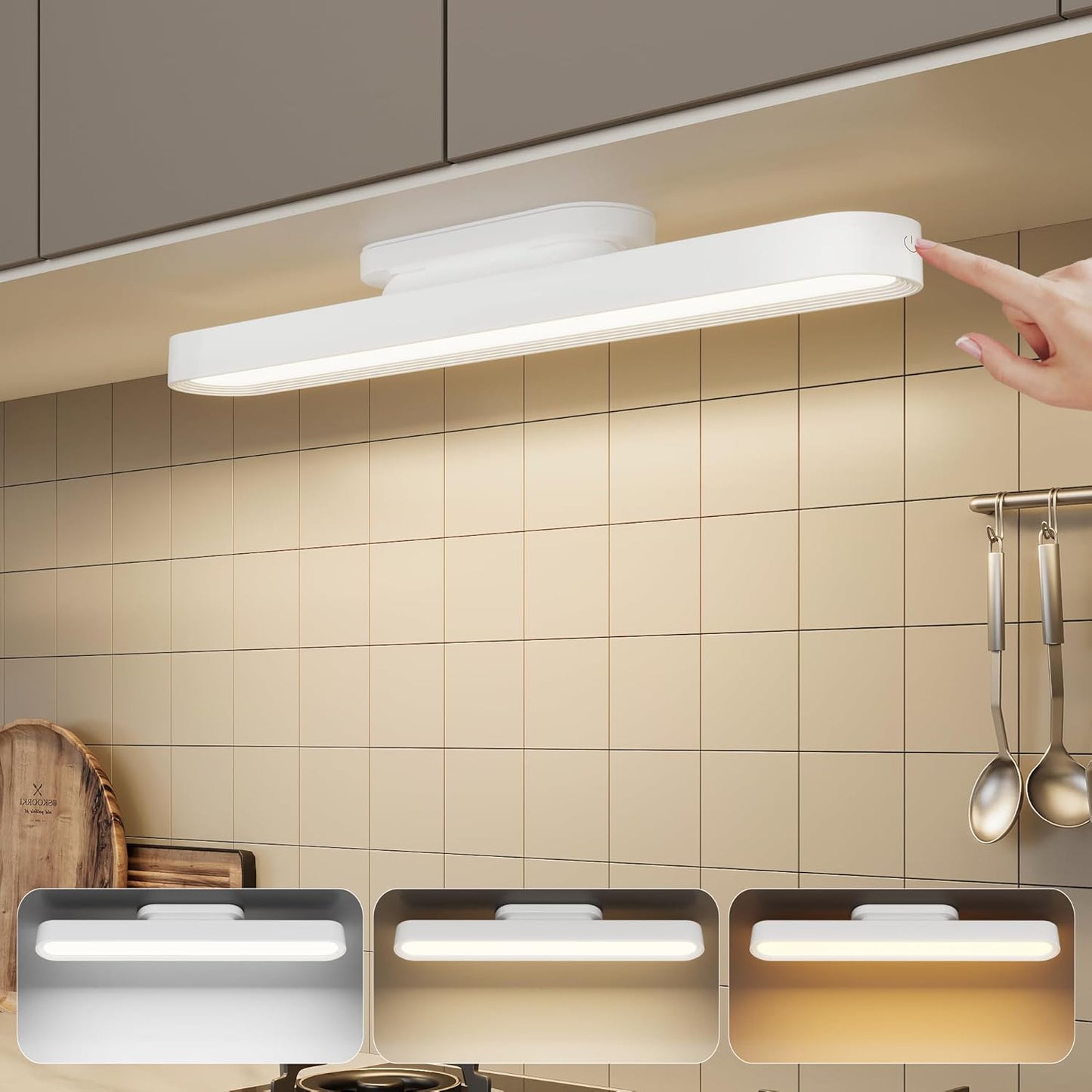 LED Closet Light, Under Cabinet Lights Battery Operated Dimmable Touch Light Bar, Magnetic Rechargeable Under Counter Stick on Night Lighting for Reading Bedroom Stairs Kitchen Sink White