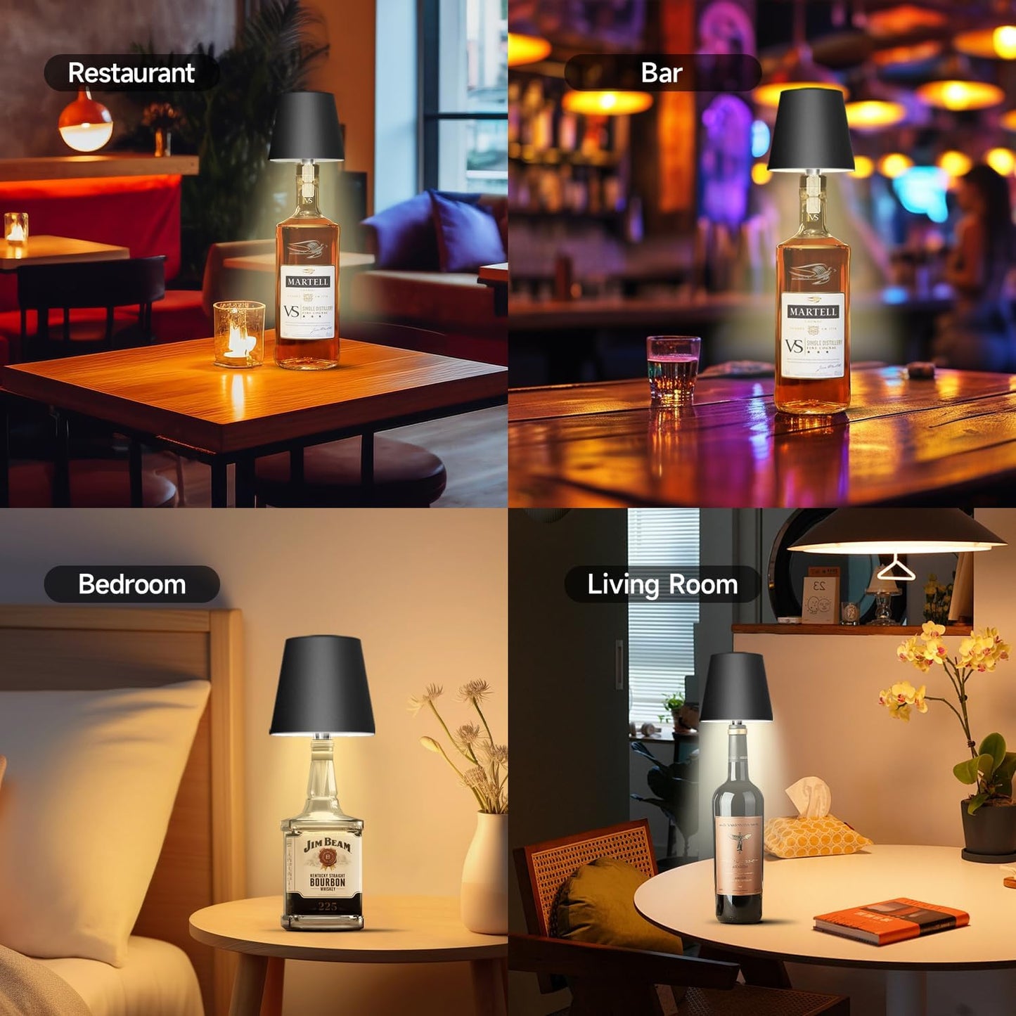 New Wireless Bottle Lamp - LED Bottle Lights for Liquor & Wine Bottles, Cordless Lampshade, Whiskey Bottle Top Light, Bottle Stopper Night Light Kit, Rechargeable 3-Tone Touch-Dimmable