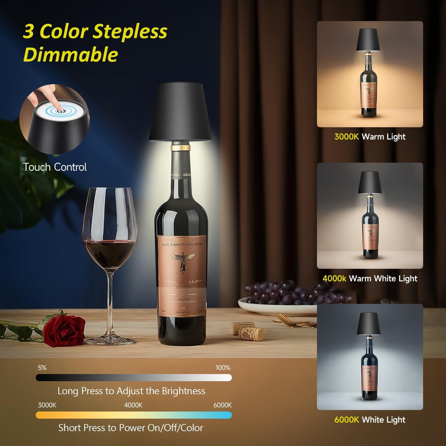 New Wireless Bottle Lamp - LED Bottle Lights for Liquor & Wine Bottles, Cordless Lampshade, Whiskey Bottle Top Light, Bottle Stopper Night Light Kit, Rechargeable 3-Tone Touch-Dimmable