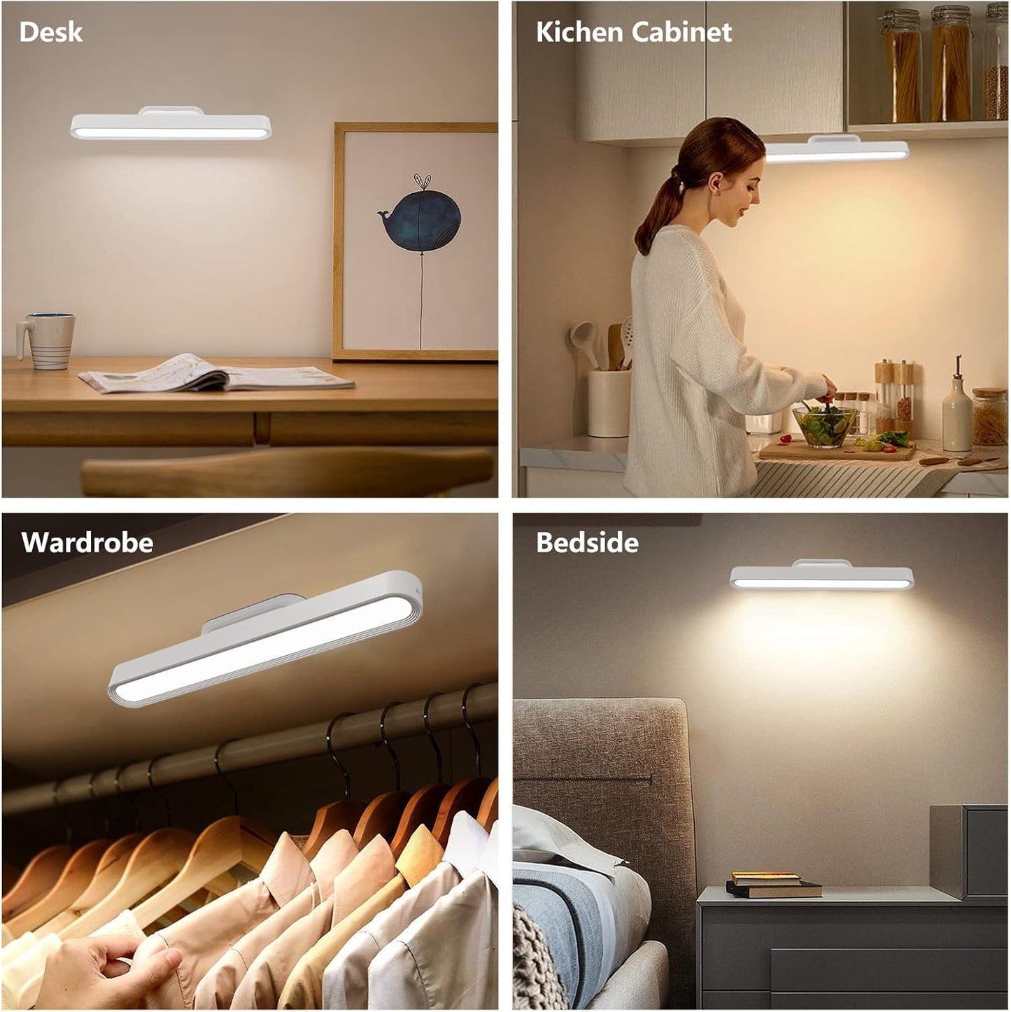 LED Closet Light, Under Cabinet Lights Battery Operated Dimmable Touch Light Bar, Magnetic Rechargeable Under Counter Stick on Night Lighting for Reading Bedroom Stairs Kitchen Sink White