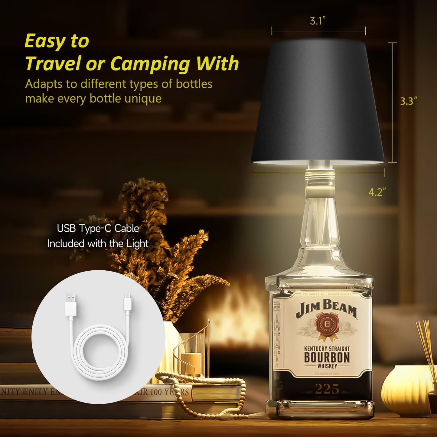 New Wireless Bottle Lamp - LED Bottle Lights for Liquor & Wine Bottles, Cordless Lampshade, Whiskey Bottle Top Light, Bottle Stopper Night Light Kit, Rechargeable 3-Tone Touch-Dimmable