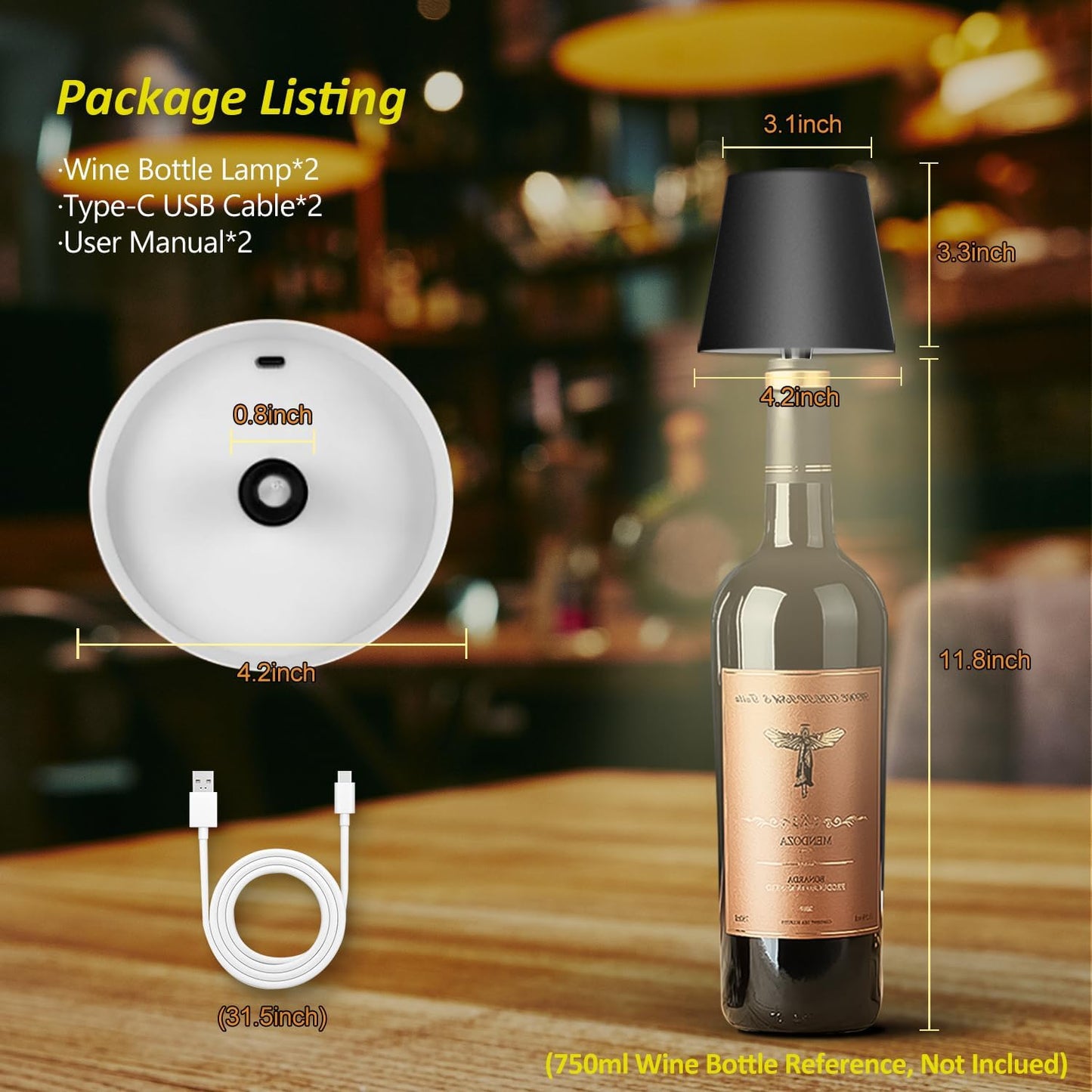 New Wireless Bottle Lamp - LED Bottle Lights for Liquor & Wine Bottles, Cordless Lampshade, Whiskey Bottle Top Light, Bottle Stopper Night Light Kit, Rechargeable 3-Tone Touch-Dimmable