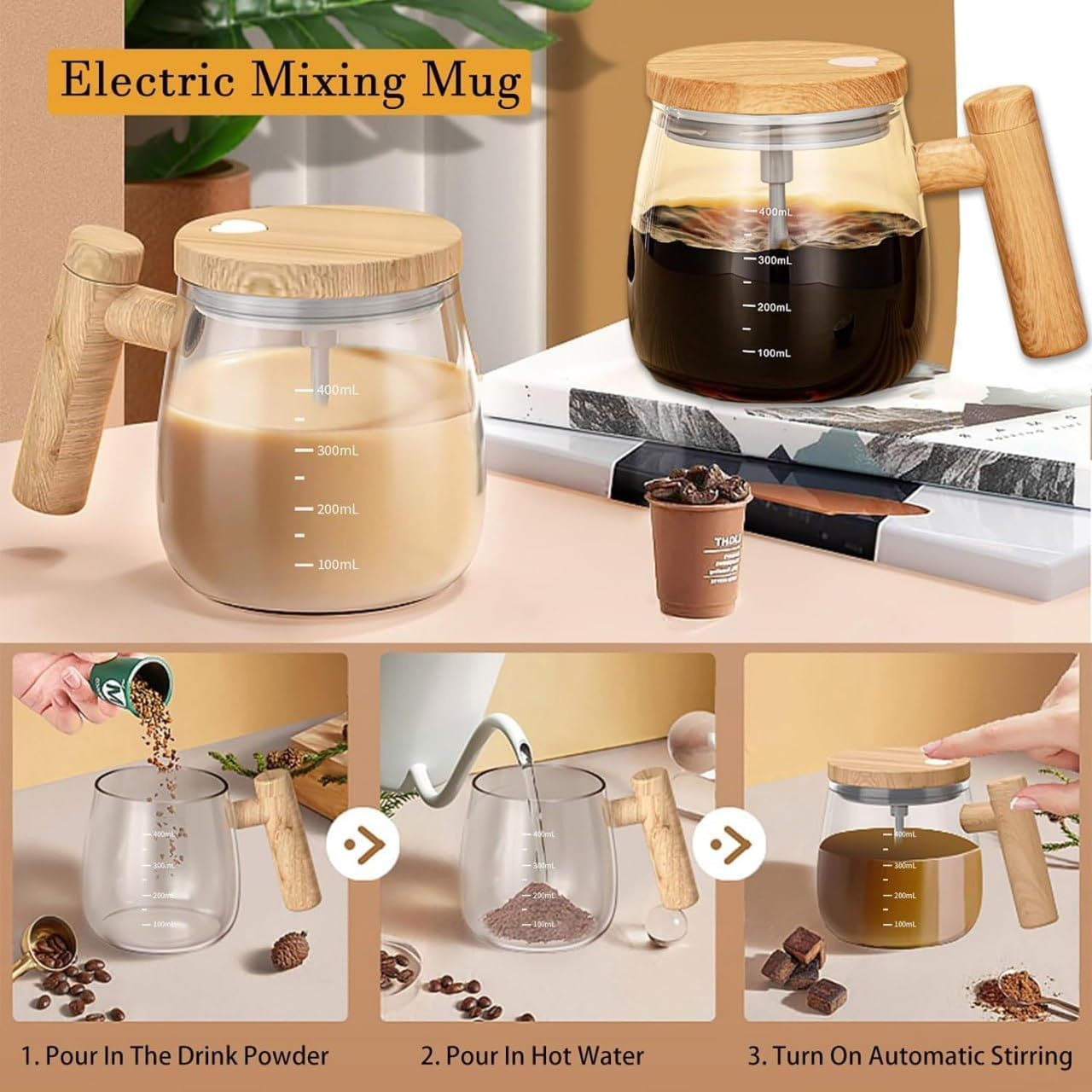 Self Stirring Coffee Mug with Lid Battery Operated-Electric Coffee Maker Mug for Office, Automatic Stirrer and Frother, Glass Electric Mixing Cup,Coffee Blender Mug