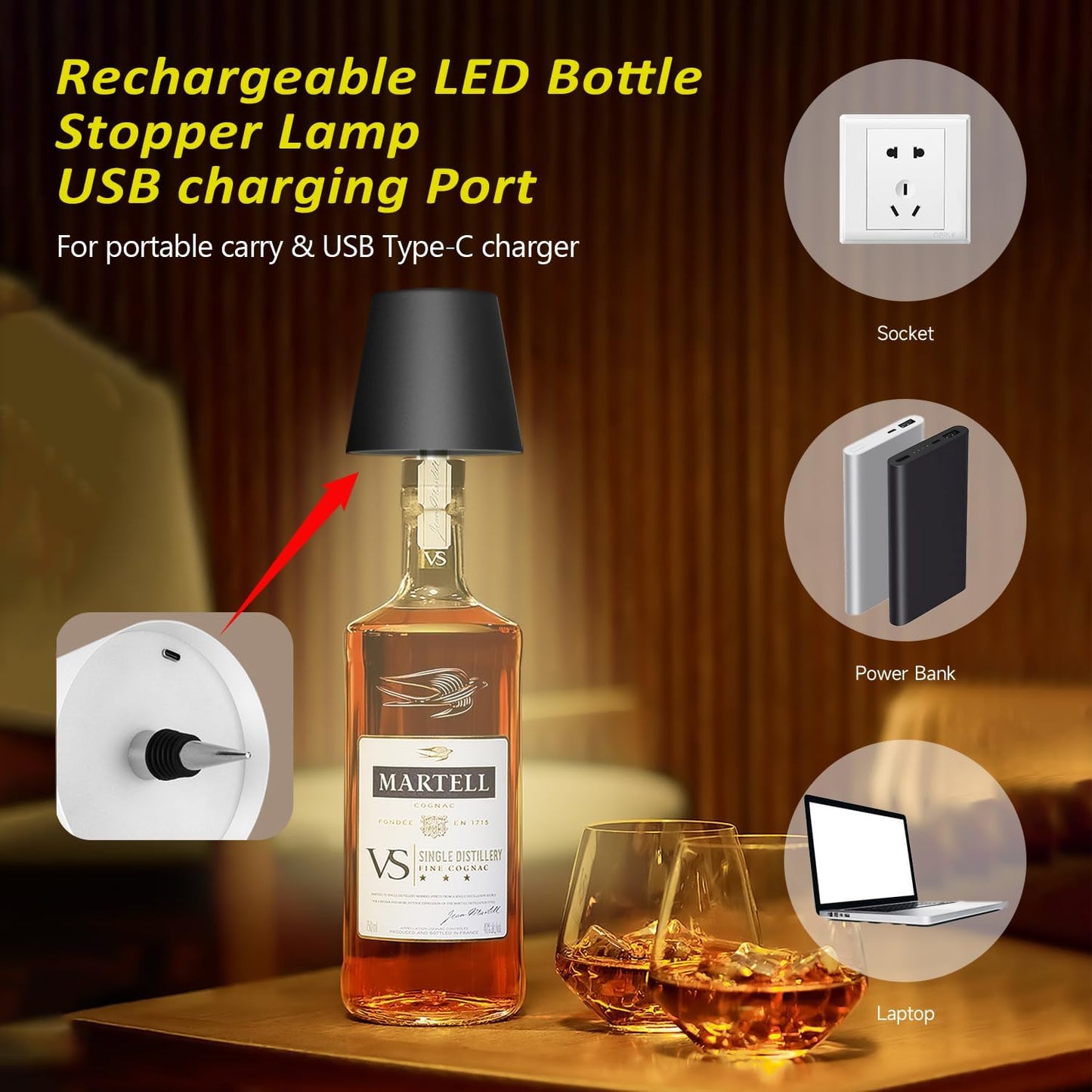New Wireless Bottle Lamp - LED Bottle Lights for Liquor & Wine Bottles, Cordless Lampshade, Whiskey Bottle Top Light, Bottle Stopper Night Light Kit, Rechargeable 3-Tone Touch-Dimmable