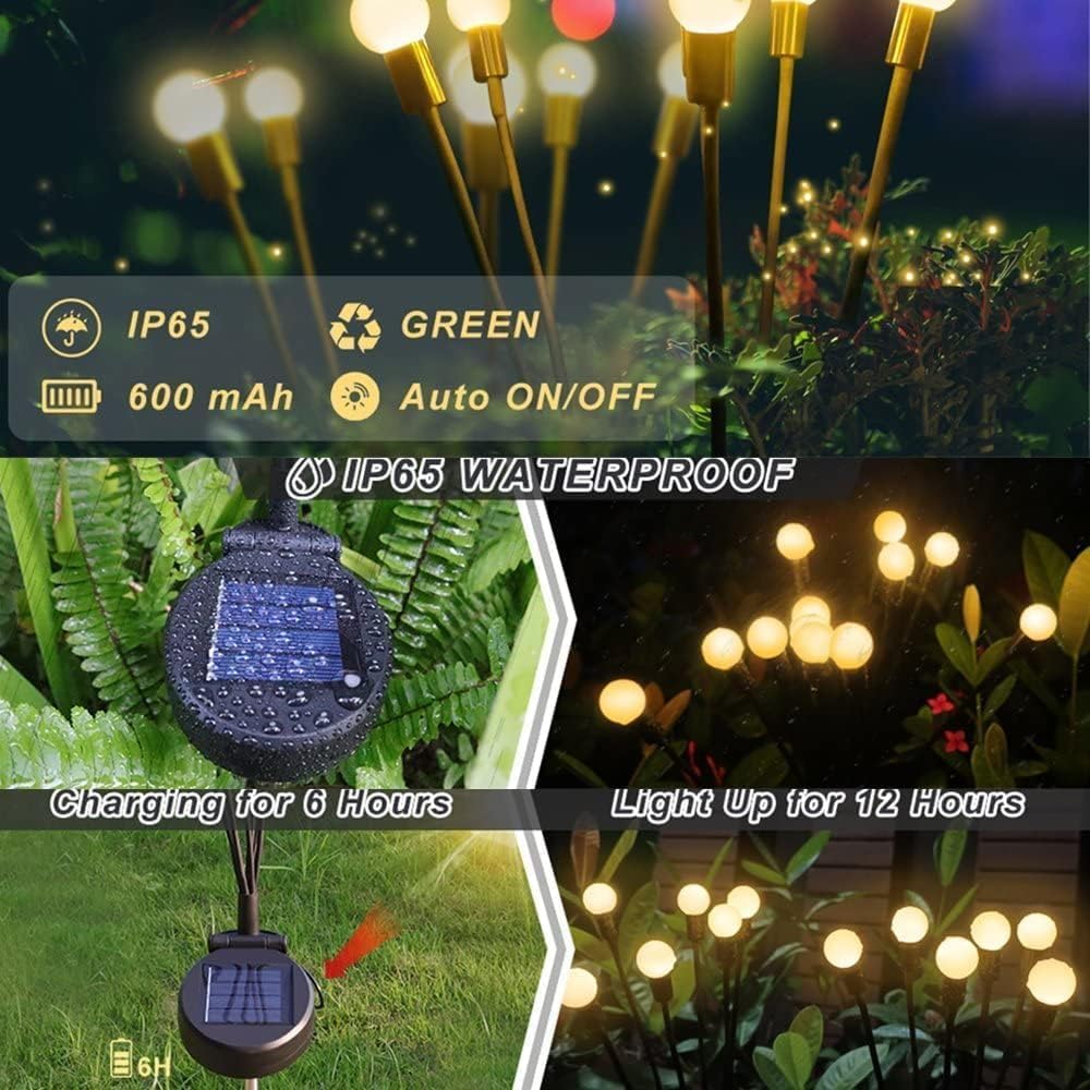 Firefly Solar Lights Starburst Swaying Solar Garden Light, Warm Garden Light | Outdoor Decoration | Waterproof | Path Lights for Pots, Balcon, Pathway (Warm Yellow)