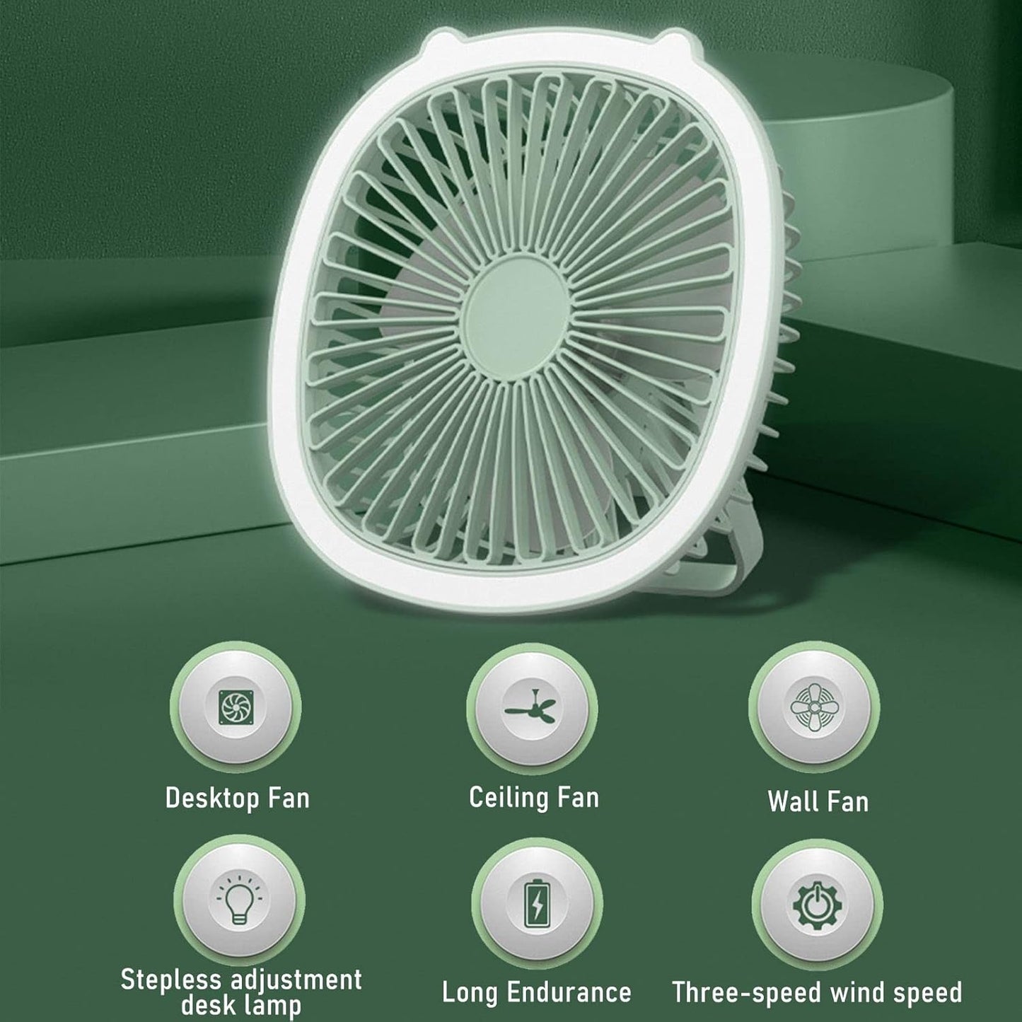 Portable Desk Fan, Rechargeable Battery Powered Ceiling Fan, Camping Fan with LED Lights, 3 Quiet Speeds, Foldable Hook for Home, Office, Dorm, Outdoor Events, and More