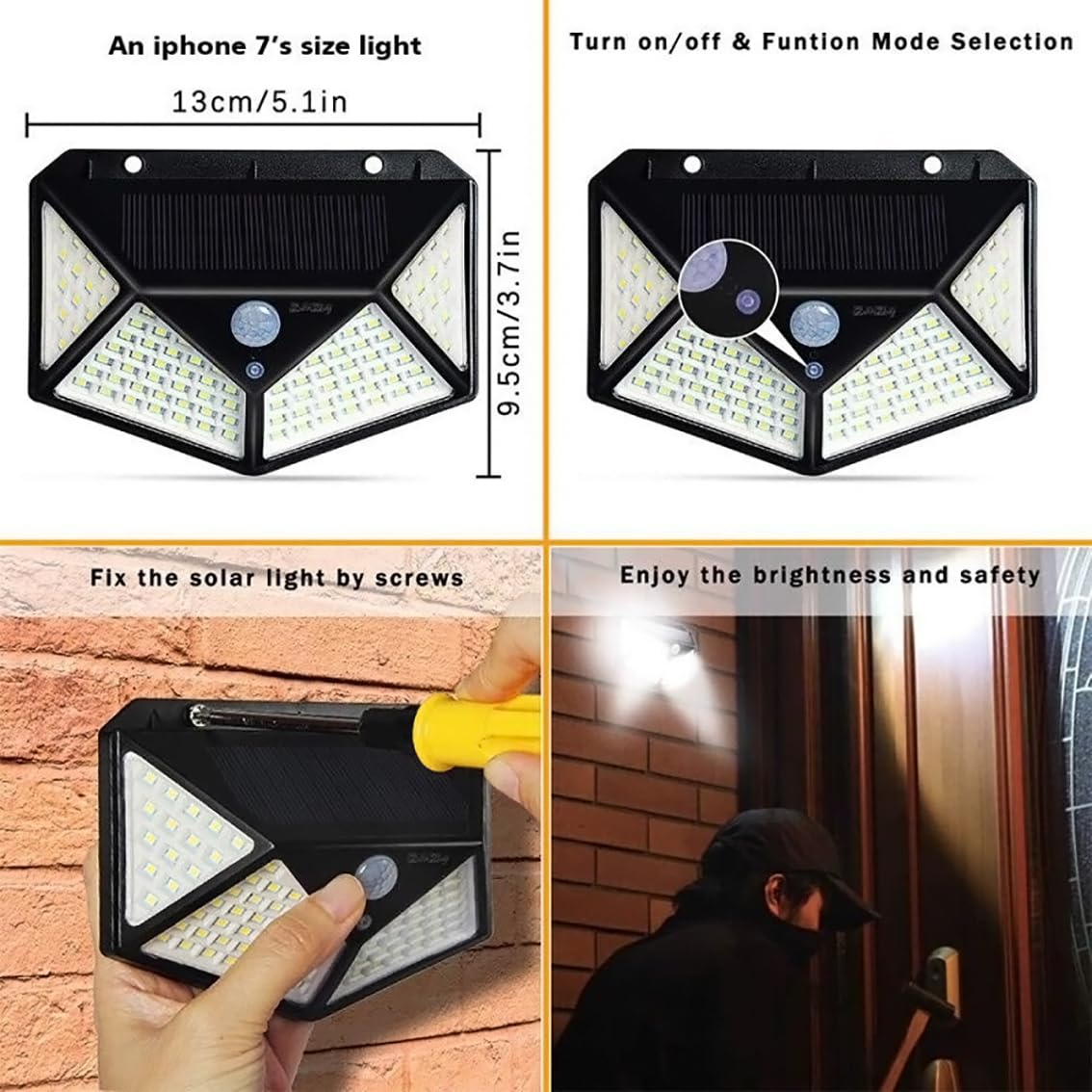 Solar Rechargable Light Outdoor 100 LEDs Solar Motion Sensor Light with Solar Panel and 3 Modes with IP65 Protection, Waterproof and Dustproof with Wide Angle Lighting