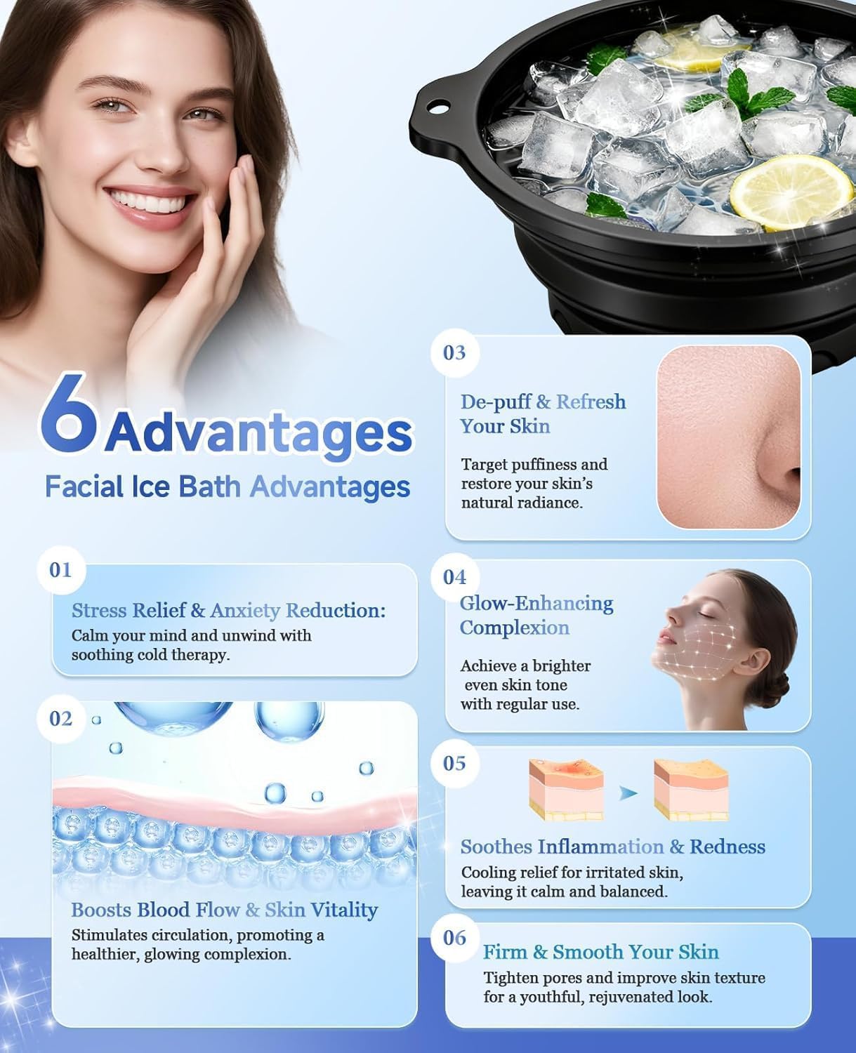 Silicone Collapsible Face Bowl with Built-in Ice Tray, Black, Round, Dishwasher Safe, Modern Style, for Face Bath and Soaking, BPA-Free
