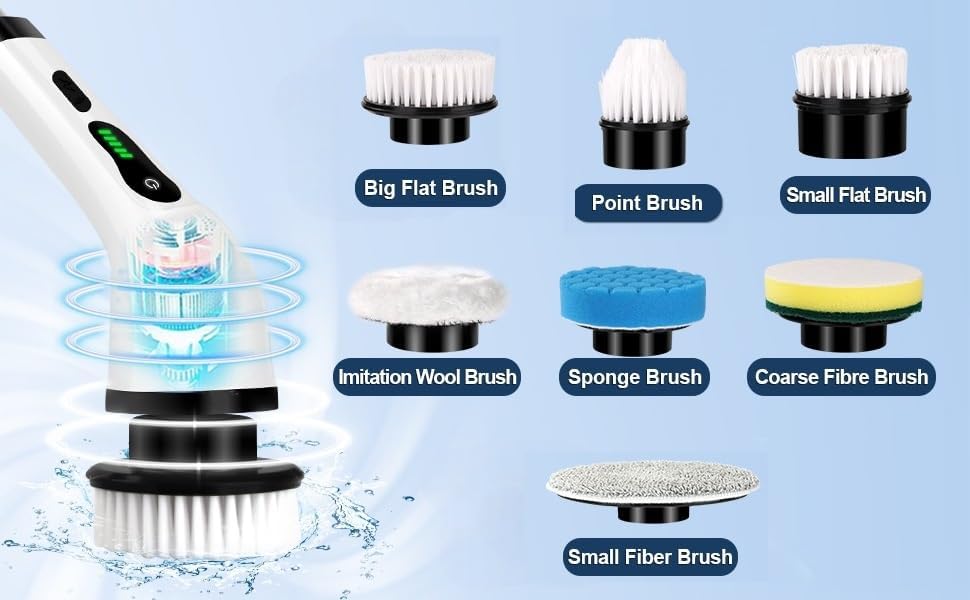 9 in 1 Electric Spin Scrubber,Cleaning Brush Scrubber for Home, 400RPM/Mins-9 Replaceable Brush Heads-90Mins Work Time,Adjustable Size,2 Adjustable Speeds for Bathroom Shower