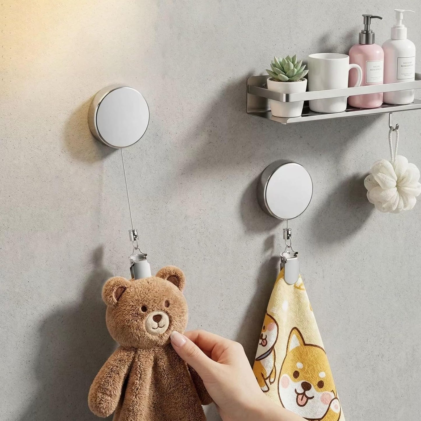 Retractable Dish Towel Holder Clips, No Drill Self Retracting Rag Hooks, Effortless Towel Hangers for Home Bathroom Kitchen Cabinet and Shower