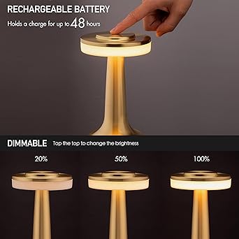 Metal LED Table Lamp with Touch Sensor Rechargeable Desk Lamp,3-Levels Brightness with Cozy Warm Lighting, Night Light for Kids Nursery, Nightstand Lamp, Bedside Lamp (Gold)